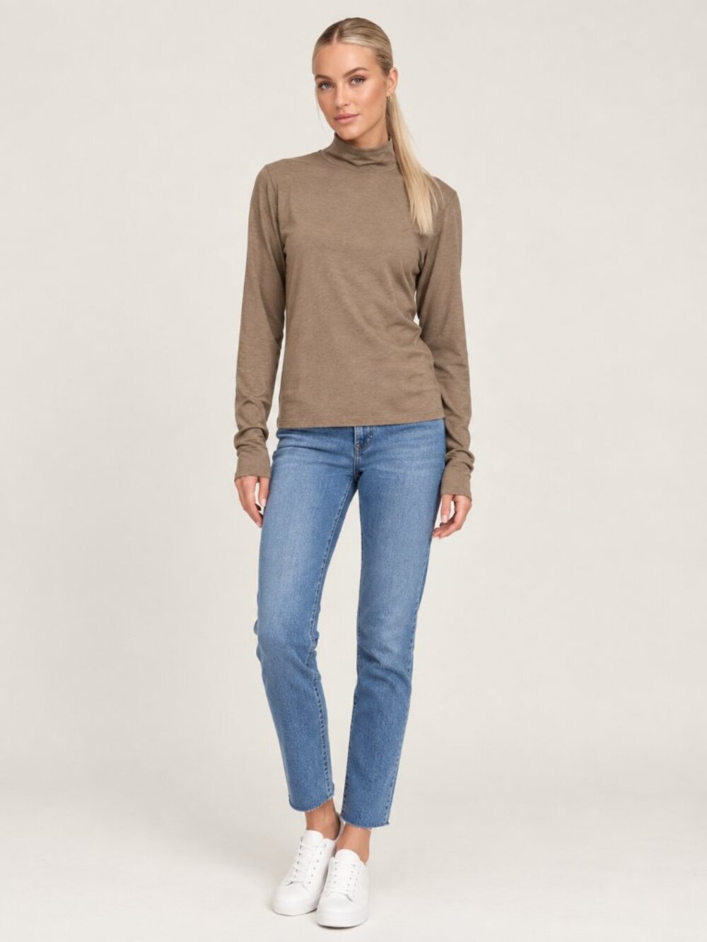 2/$30 Lands' End Cotton Mock Neck Long Sleeve Tee Mushroom Large #A4808